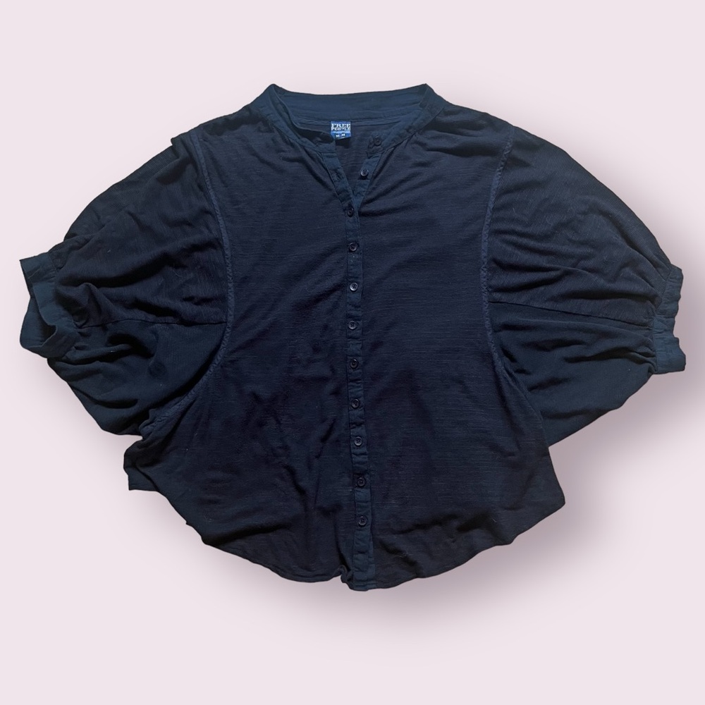 Free People Black Button-Front Balloon Sleeve Blouse